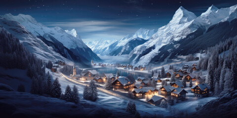 Mountain village at Christmas night in winter, amazing view of snowy ski resort in lights. Landscape with houses, lake, snow and sky. Theme of travel, New Year holiday, nature, xmas