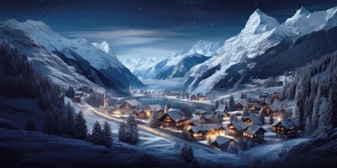 Foto op Canvas Mountain village at Christmas night in winter, amazing view of snowy ski resort in lights. Landscape with houses, lake, snow and sky. Theme of travel, New Year holiday, nature, xmas © scaliger