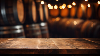 Empty old wood table on blurred wine cellar background, vintage desk in room with barrels and lights. Wooden casks in storage of winery. Concept of design, vineyard, product - obrazy, fototapety, plakaty