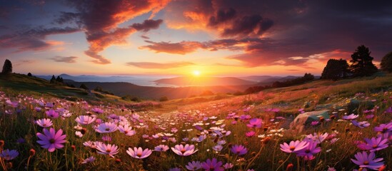 Summer sunset over an old meadow of wildflowers