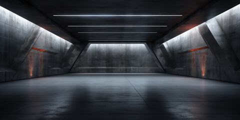 Dark concrete garage background, interior of empty gray warehouse. Perspective of abstract modern hall like underground parking, hangar with low light. Concept of industry, room - obrazy, fototapety, plakaty