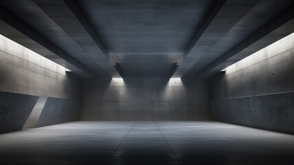 Empty concrete garage background, abstract interior of gray warehouse. Modern industrial room like underground parking or hangar with low light. Concept of studio, factory, hall