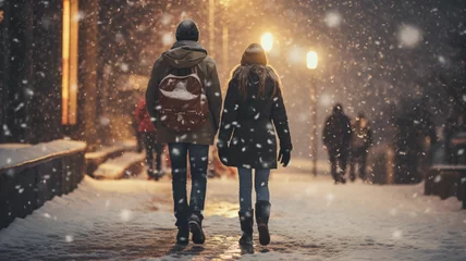 Fotobehang young couple boy and girl walking down the sidewalk during winter when it is snowing outside © Artistic Visions