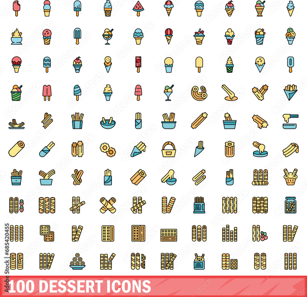 Sticker 100 dessert icons set. Color line set of dessert vector icons thin line color flat on white - Stickers