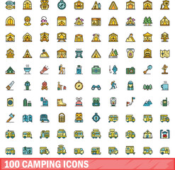 100 camping icons set. Color line set of camping vector icons thin line color flat on white