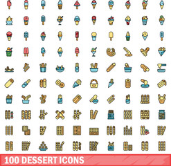 100 dessert icons set. Color line set of dessert vector icons thin line color flat on white