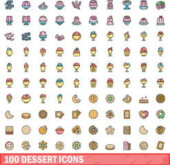 100 dessert icons set. Color line set of dessert vector icons thin line color flat on white