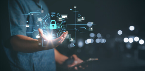 Cybersecurity and privacy concepts to protect data. Lock icon and internet network security technology. Businessman protecting personal data on internet, virtual screen interfaces. cyber security. - Powered by Adobe
