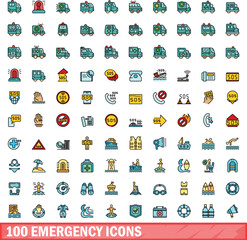 100 emergency icons set. Color line set of emergency vector icons thin line color flat on white