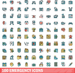 100 emergency icons set. Color line set of emergency vector icons thin line color flat on white