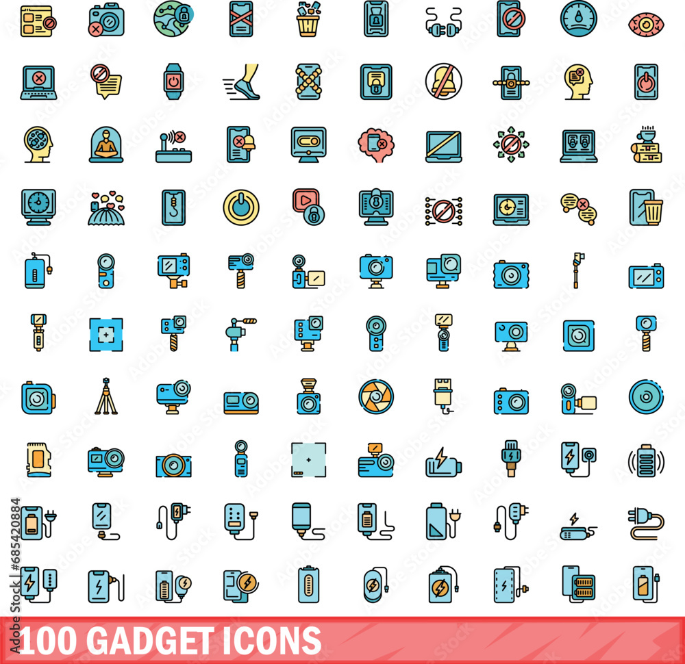 Poster 100 gadget icons set. color line set of gadget vector icons thin line color flat on white