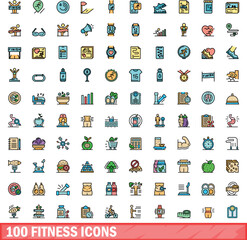 100 fitness icons set. Color line set of fitness vector icons thin line color flat on white
