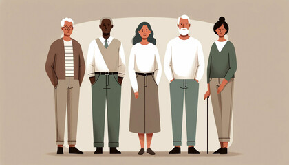 People of different nationalities and ages standing together illustration.
