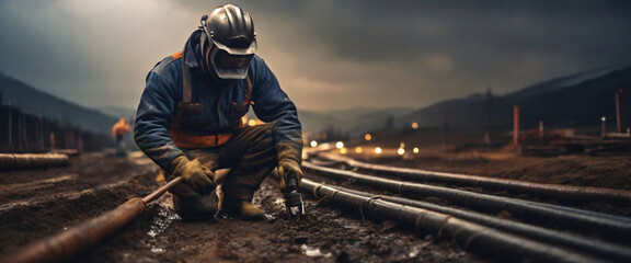 Skilled welder assembling durable pipelines for infrastructure project, well lit, but full of determination, the weather is cloudy but without rain, it is dark outside - obrazy, fototapety, plakaty