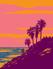 WPA poster art of surf beach at Barney's Surf Spot in Encinitas, California, United States USA done in works project administration or federal art project style. - 685421098
