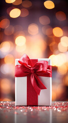 Gift box with red bow over bokeh lights background, against snowy cityscape or christmas tree. Christmas and New Year concept. Product placement concept. created with Generative AI
