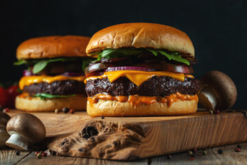 Two delicious homemade burgers of beef, cheese and mushrooms on an wooden table. Fat unhealthy food