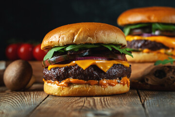 Two delicious homemade burgers of beef, cheese and mushrooms on an wooden table. Fat unhealthy food