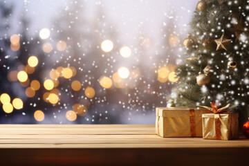Fototapeta na wymiar Gift boxes on wooden table over bokeh lights background, against snowy cityscape or christmas tree. Christmas and New Year concept. Product placement concept. created with Generative AI