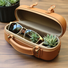 Travel Accessories.Travel accessories on wooden floor ready for travel.Generative AI