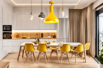 interior design smart apartment square 20m, white walls and white kitchen, big yellow lamp under dinner table temporary style , photography  - obrazy, fototapety, plakaty