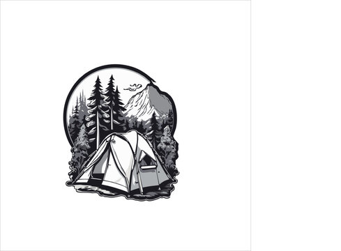vector image of a camp in the mountains, nature background, black and white colors