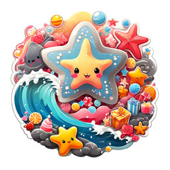 Naklejka premium Sticker isolated cute cartoon starfish on nature background and with gift boxes.. Transparent background. Generative AI