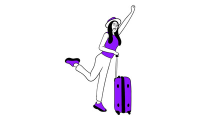 Young Woman with a Suitcase goes on vacation. Girl with a Suitcase. Travel concept, flat vector illustration.