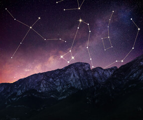Different constellations in starry sky over mountains at night © New Africa
