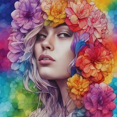 Portrait of a woman with rainbow flowers in her hair. Generative AI