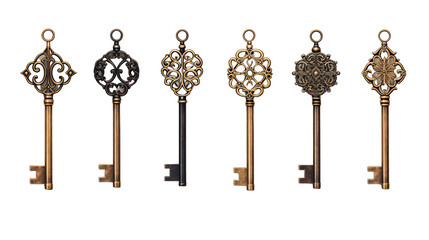 Set of Antique Keys Isolated on Transparent or White Background, PNG