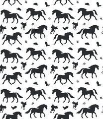 Vector seamless pattern of hand drawn western horse silhouette isolated on white background