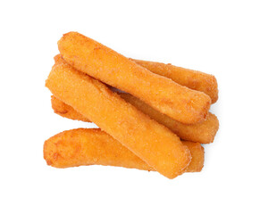 Pile of tasty fried mozzarella sticks isolated on white, top view
