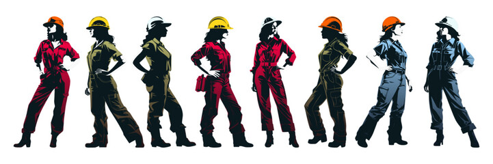 Female construction worker with helmet and work overall. Set of working woman in different poses and color options. Silhouette of female workers in uniform. Vector illustration isolated on white