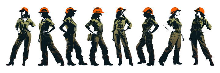Female construction worker with helmet and work overall. Set of working woman in different poses and color options. Silhouette of female workers in uniform. Vector illustration isolated on white