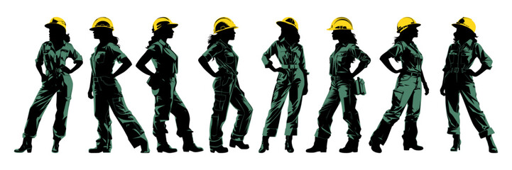 Female construction worker with helmet and work overall. Set of working woman in different poses and color options. Silhouette of female workers in uniform. Vector illustration isolated on white