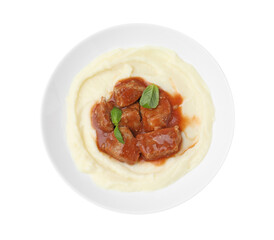 Delicious goulash with mashed potato isolated on white, top view