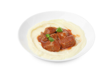 Delicious goulash with mashed potato isolated on white
