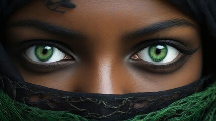 Mulher jovem morena de burca preta, visível apenas os olhos verdes claros, gerado com ia - obrazy, fototapety, plakaty