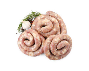 Homemade sausages, garlic, rosemary and peppercorns isolated on white, above view