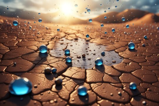 Gotas de &aacute;gua caindo em solo &aacute;rido, gerado com ia