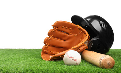 Baseball bat, ball, batting helmet and glove on artificial grass against white background, space for text