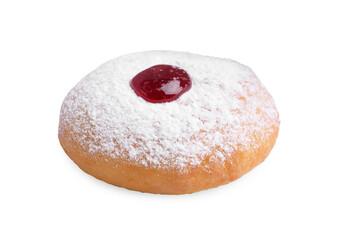 Hanukkah donut with jelly and powdered sugar isolated on white
