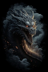 Realistic dragon on dark cloud background. Realistic illustration.