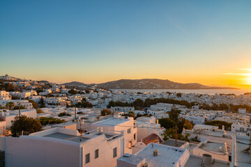 Mykonos island cityscape at sunset, Greece 