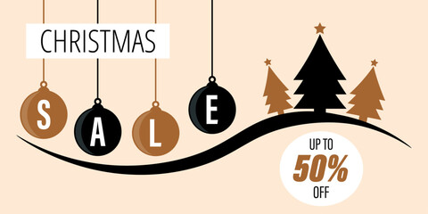 Banner Christmas Sale - Baubles and tree Icons on a light background