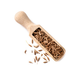 Scoop of aromatic caraway (Persian cumin) seeds isolated on white, top view