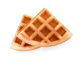 Two tasty Belgian waffles isolated on white, top view