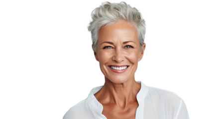 Portrait of a smiling stylish mature woman, happy face of an old senior woman isolated on transparent background