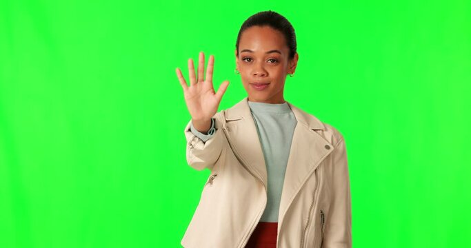 Hand, stop and sign with woman on green screen, caution and warning with danger and mockup space. Female person, no entry and censored with rejection, body language and protest on studio background